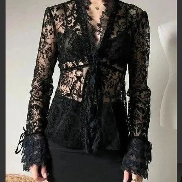 Goth mesh velvet and lace Express top. - Picture 1 of 9